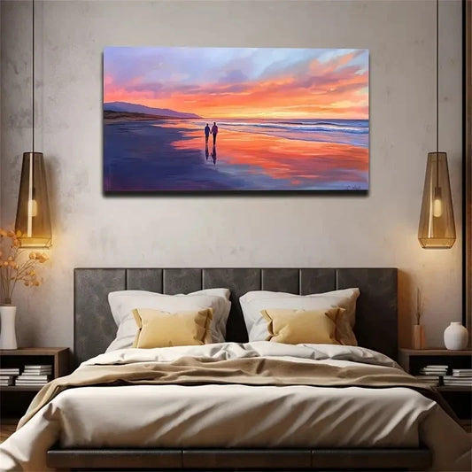 Sunset Beach Walk Figures Wall Art Canvas Office Home Room Framed 120x60cm