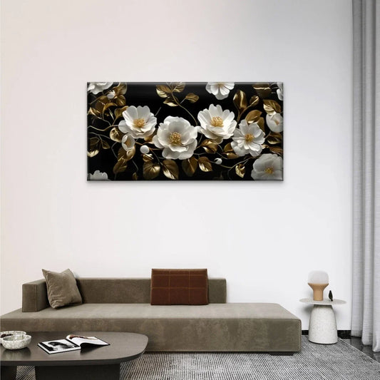 Black White Floral Pattern Gold Wall Art Canvas Office Home Room Framed 80x45cm