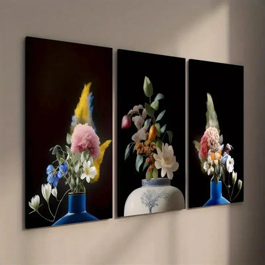3pcs Vibrant Colorful Flower Bouquets in Vases Wall Art Set Canvas Framed 40x60cm - High Quality Print 100% Australian Made Wall Canvas Ready to Hang