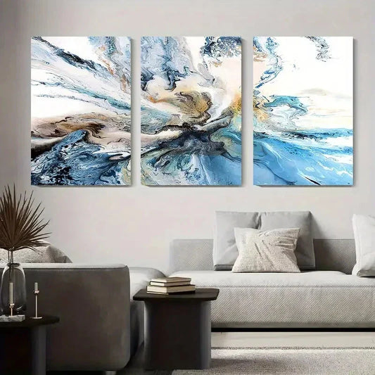 3pcs Blue and Beige Fluid Abstract Swirling Metal Print Ready to Hang Art