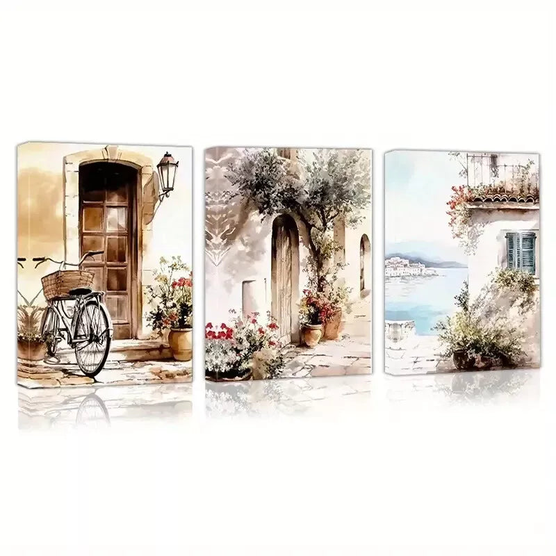 3pcs Peaceful Watercolor Charming Countryside  Wall Art Set Canvas Framed 40x60cm - High Quality Print 100% Australian Made Wall Canvas Ready to Hang