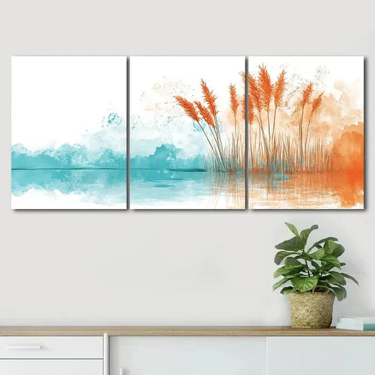 3pcs Red Grass & Serene Lake Scene Perfect Wall Art Set Canvas Framed 40x60cm - High Quality Print 100% Australian Made Wall Canvas Ready to Hang