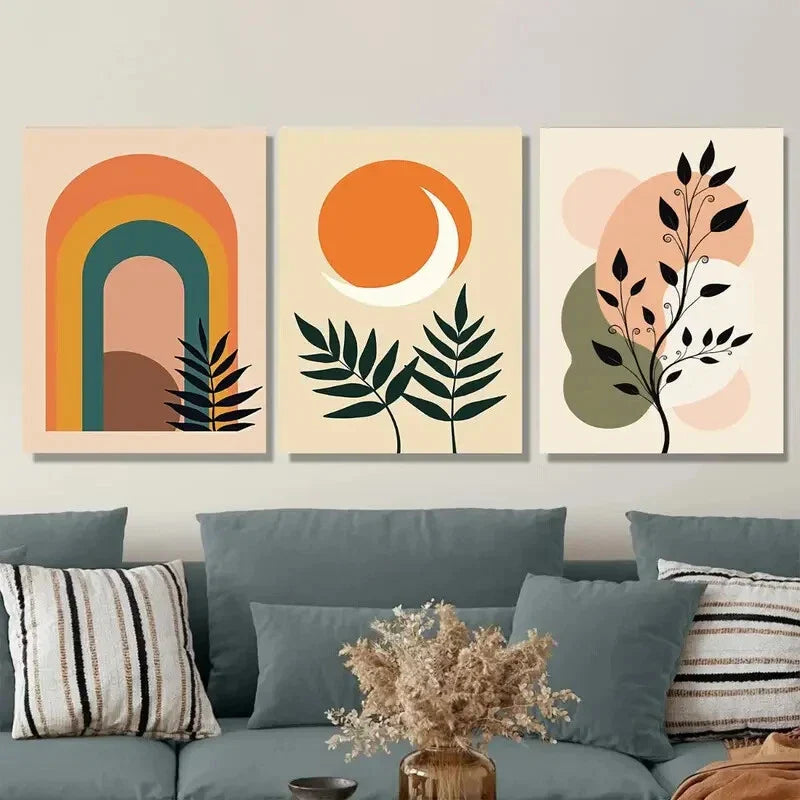 3pcs Boho Rainbow, Sun, And Leaf Modern Abstrac Wall Art Set Canvas Framed 40x60cm - High Quality Print 100% Australian Made Wall Canvas Ready to Hang