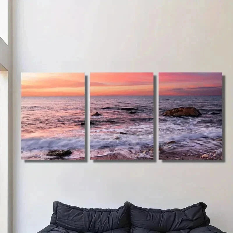 3pcs Sunset And Colorful Glow on The Sea Wall Art Set Canvas Framed 40x60cm - High Quality Print 100% Australian Made Wall Canvas Ready to Hang