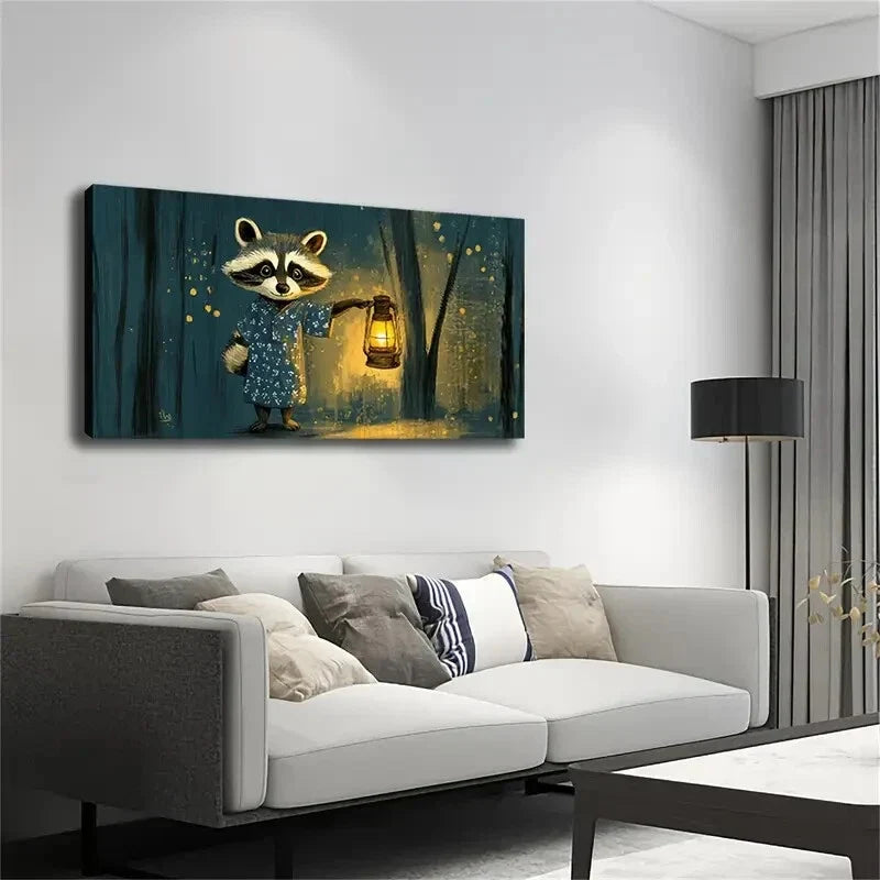 Charming Raccoon Candle Lamp Wall Art Canvas Office Home Room Framed 120x60cm