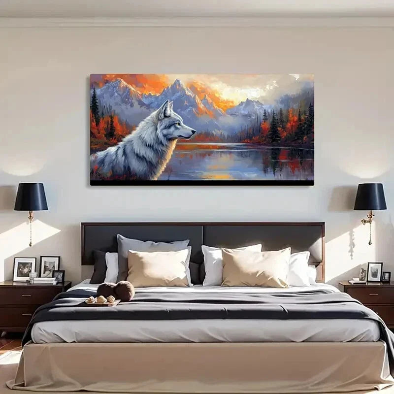 Wolf Portrait & Mountain Lands Wall Art Canvas Office Home Room Framed 80x45cm