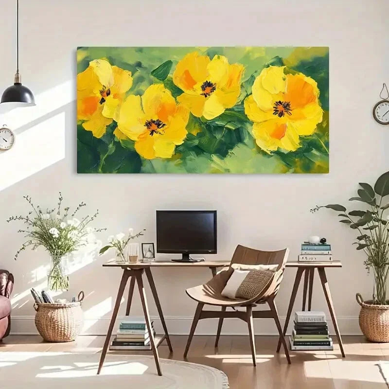Yellow Flowers Green Foliage Wall Art Canvas Office Home Room Framed 80x45cm
