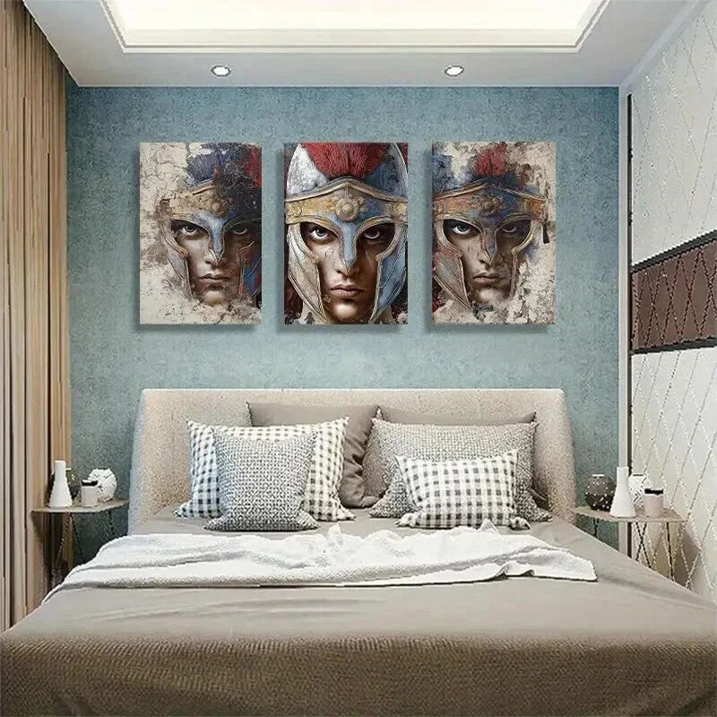 3pcs Intense Spartan Soldier Faces Fear Prefect Wall Art Set Canvas Framed 40x60cm - High Quality Print 100% Australian Made Wall Canvas Ready to Hang