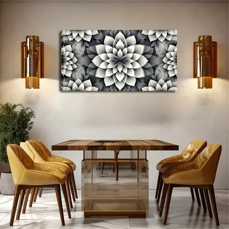 Geometric Floral Pattern Black Wall Art Canvas Office Home Room Framed 120x60cm