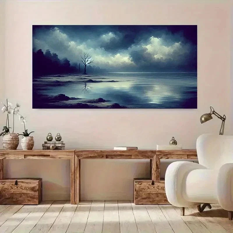 Serene Lake Forest Night Sky Wall Art Canvas Office Home Room Framed 80x45cm