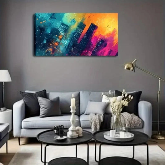 Vibrant Cityscape Splash Smudge Wall Art Canvas Office Home Room Framed 120x60cm