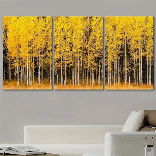 3pcs Yellow & White Autumn Aspen Tree Forest Metal Print Ready to Hang Art
