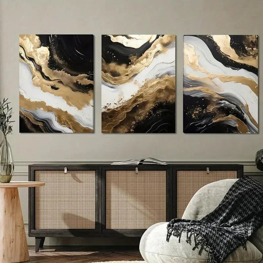 3pcs Black and White Abstract Black Golden Metal Print Ready to Hang Art