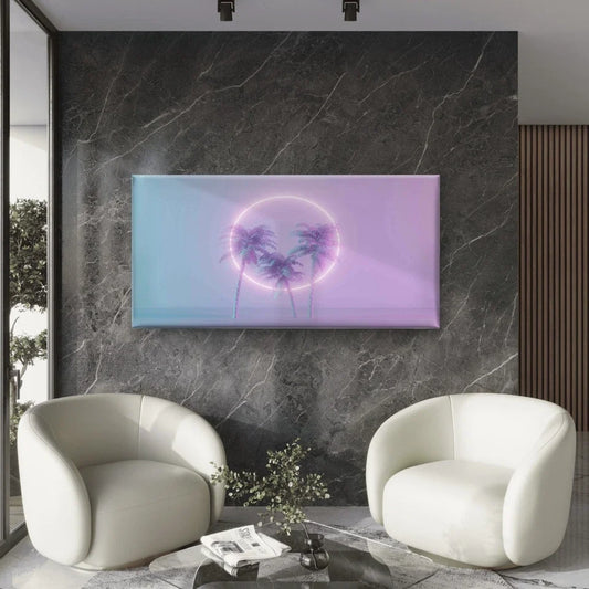Neon Glowing Light ,Palm Trees Wall Art Canvas Office Home Room Framed 80x45cm