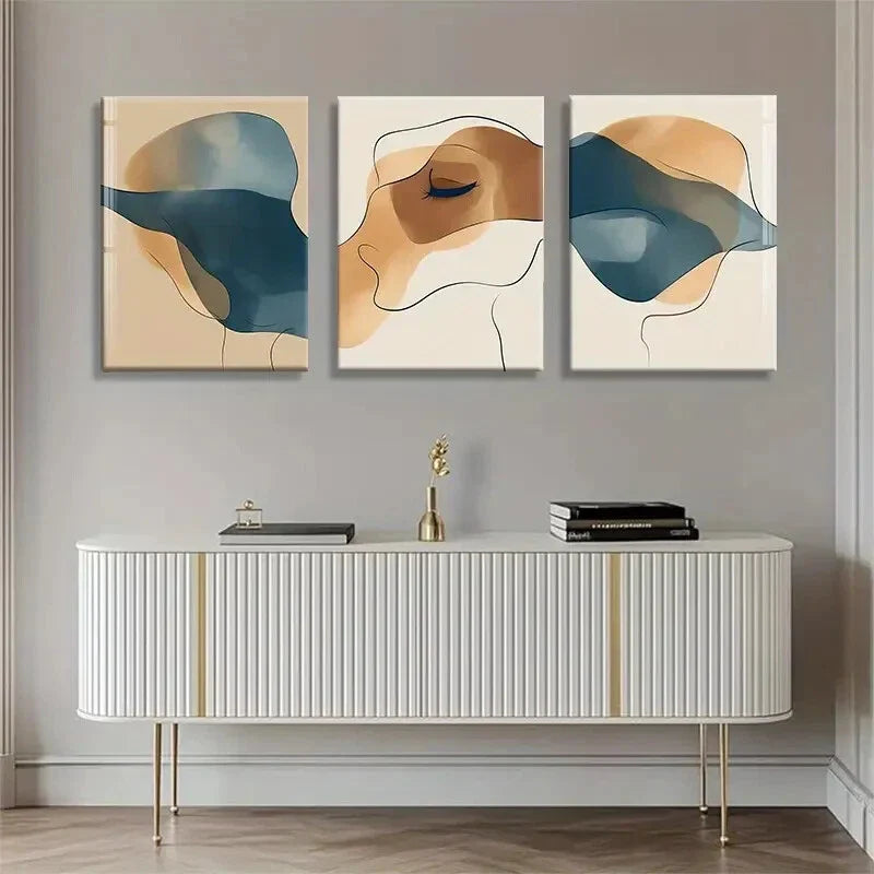 3pcs Fluid Shapes in Blue and Beige Perfect Wall Art Set Canvas Framed 40x60cm - High Quality Print 100% Australian Made Wall Canvas Ready to Hang