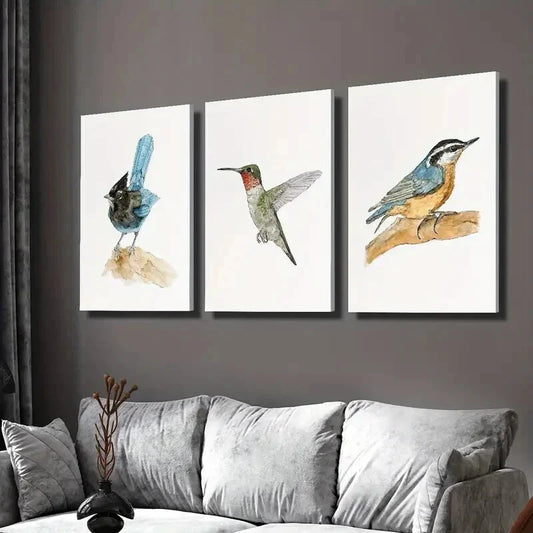 3pcs Blue & Black Bird Illustrations Wall Art Set Canvas Framed 40x60cm - High Quality Print 100% Australian Made Wall Canvas Ready to Hang