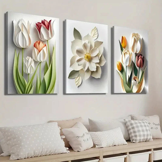 3pcs Vibrant Tulip Flower Decor Wall Art Set Canvas Framed 40x60cm - High Quality Print 100% Australian Made Wall Canvas Ready to Hang