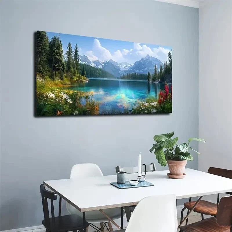Autumn Lake & Birch Trees wall canvas office home room framed 120x60cm