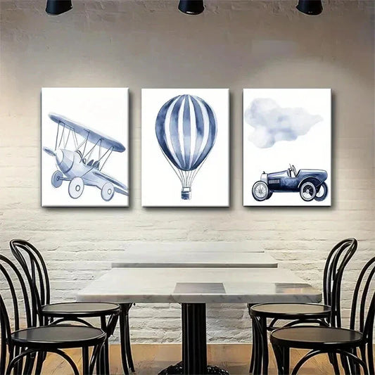 3pcs Vintage Transport Illustrations Perfect Wall Art Set Canvas Framed 40x60cm - High Quality Print 100% Australian Made Wall Canvas Ready to Hang