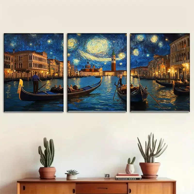 3pcs dreamy deep blue Starry Night in Venice Wall Art Set Canvas Framed 40x60cm - High Quality Print 100% Australian Made Wall Canvas Ready to Hang