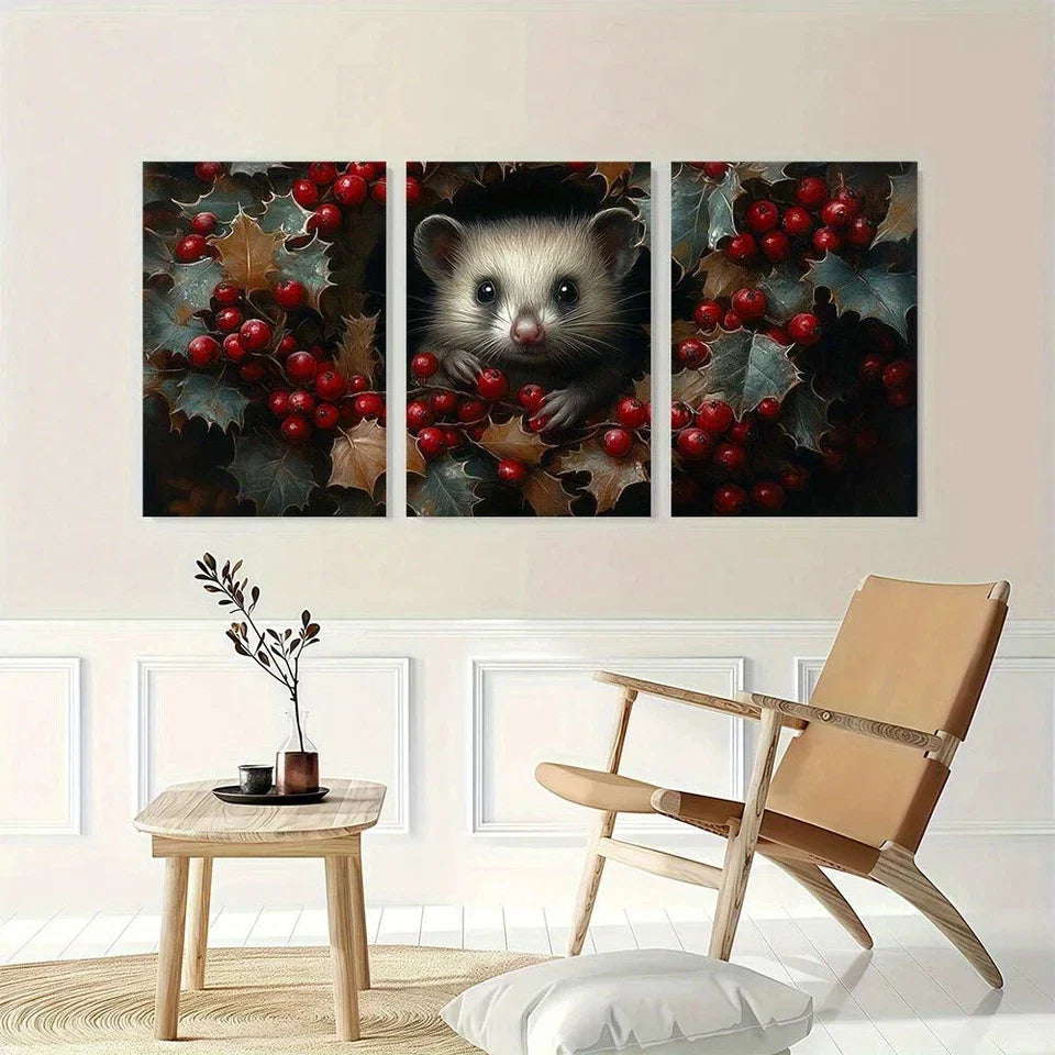 3pcs Green Leaves Red Fruits Animal Themed Metal Print Ready to Hang Art