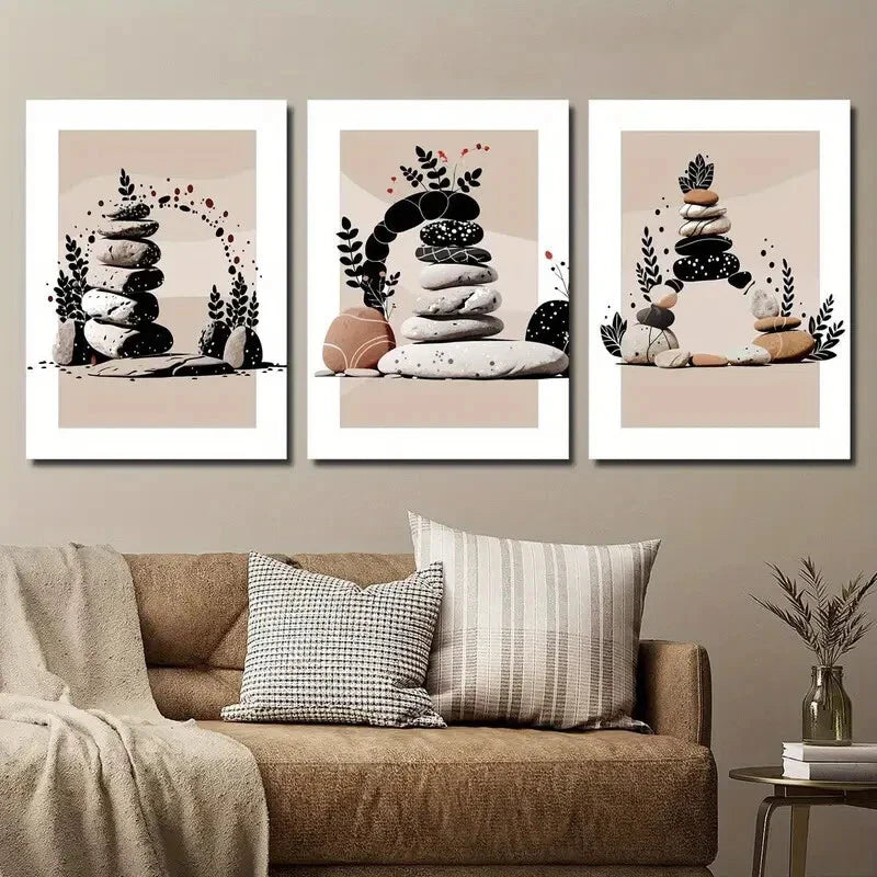 3pcs Abstract Stone Plant Art Zen Stone Stacked Wall Art Set Canvas Framed 40x60cm - High Quality Print 100% Australian Made Wall Canvas Ready to Hang
