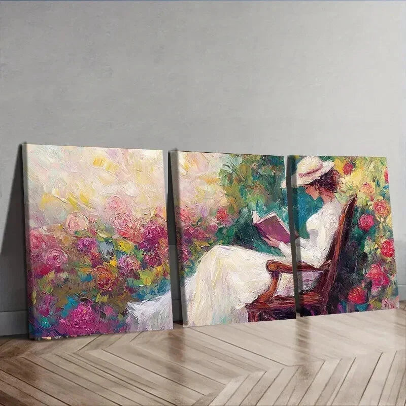 3pcs Elegant Woman Reading Beauty Nature Perfect Wall Art Set Canvas Framed 40x60cm - High Quality Print 100% Australian Made Wall Canvas Ready to Hang