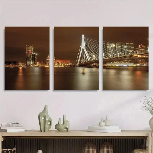 3pcs Modern Bridge and Urban Cityscape Metal Print Ready to Hang Art