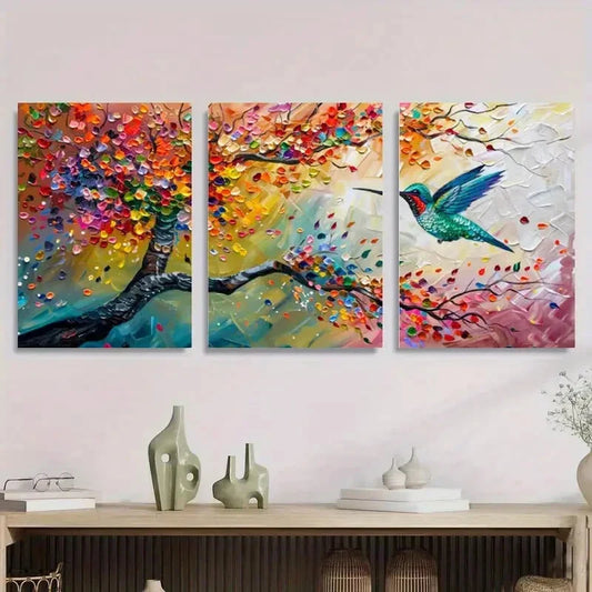 3pcs Vibrant Floral Tree & Hummingbird Nature Metal Print Ready to Hang Art