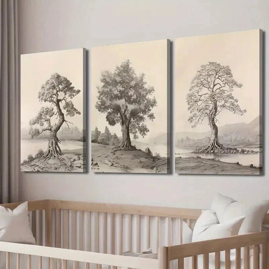 3pcs Vintage Forest Mountains Tree Landscape Wall Art Set Canvas Framed 40x60cm - High Quality Print 100% Australian Made Wall Canvas Ready to Hang