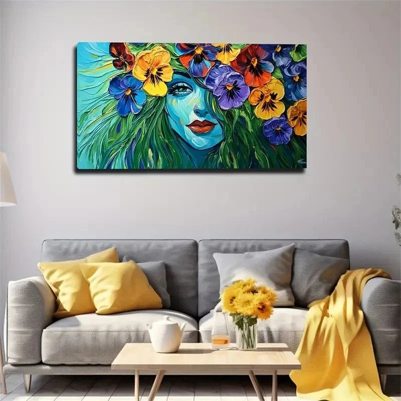 Blue Woman With Flowers Behind Wall Art Canvas Office Home Room Framed 120x60cm