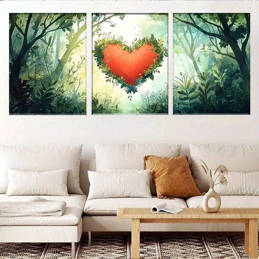 3pcs  Nature Lush Forest Heart-Shaped Foliage  Wall Art Set Canvas Framed 40x60cm - High Quality Print 100% Australian Made Wall Canvas Ready to Hang