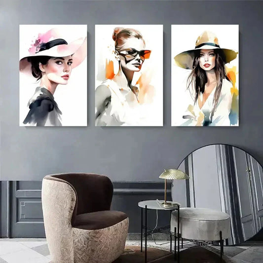 3pcs Elegant Women in Stylish Hats and Fashion Metal Print Ready to Hang Art