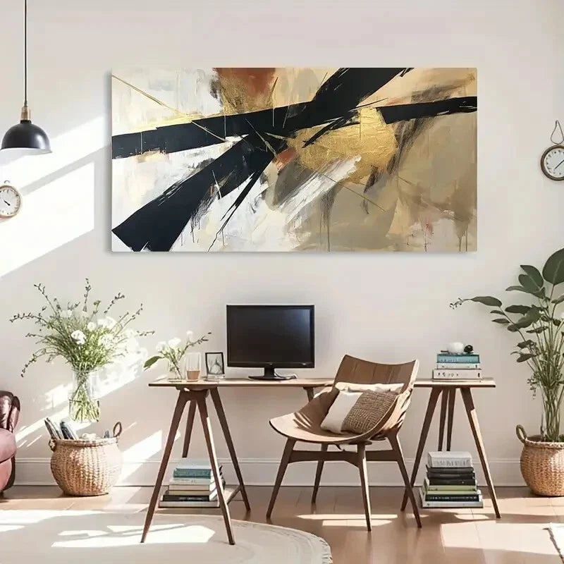Golden Contemporary Abstract Wall Art Canvas Office Home Room Framed 120x60cm