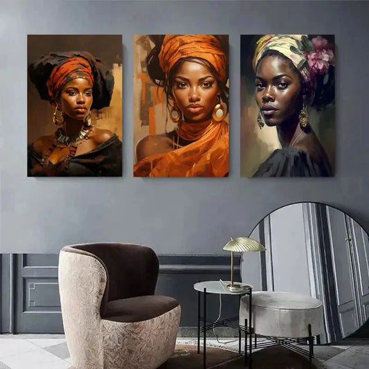 3pcs Black Beauty, Cultural Headdress, Elegant Metal Print Ready to Hang Art
