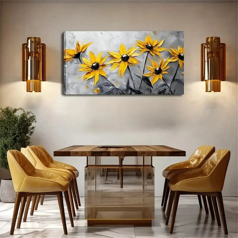 Vibrant Yellow Flowers on Gray Wall Art Canvas Office Home Room Framed 120x60cm