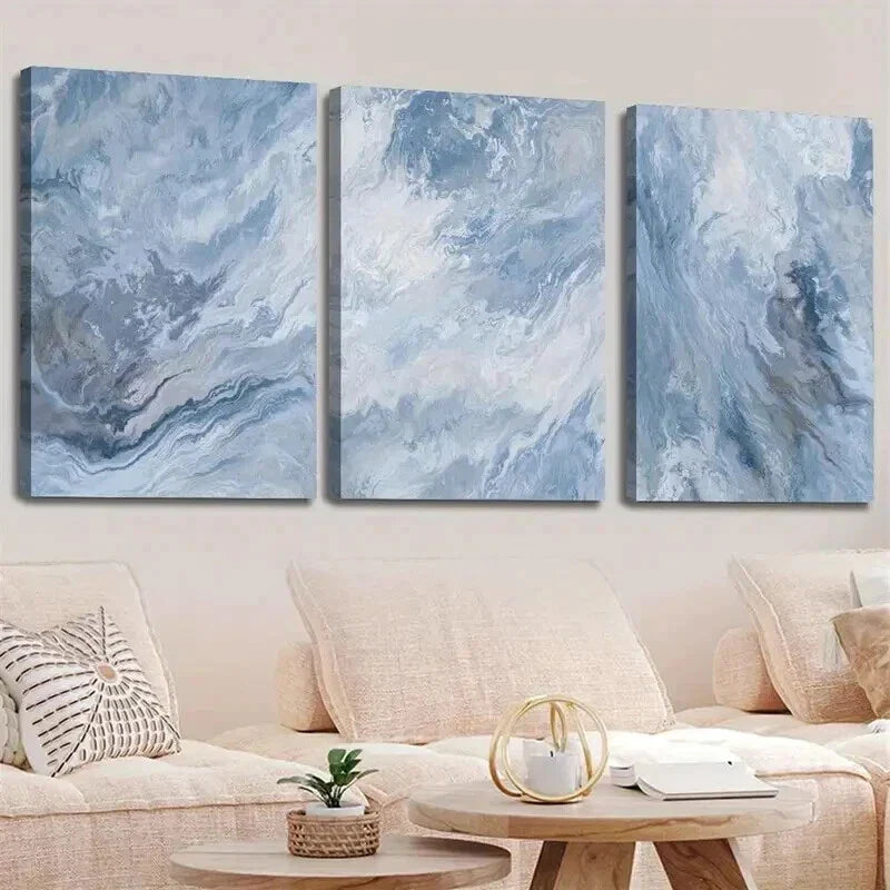 3pcs Elegant And Luxurious Blue Flowing Water Wall Art Set Canvas Framed 40x60cm - High Quality Print 100% Australian Made Wall Canvas Ready to Hang