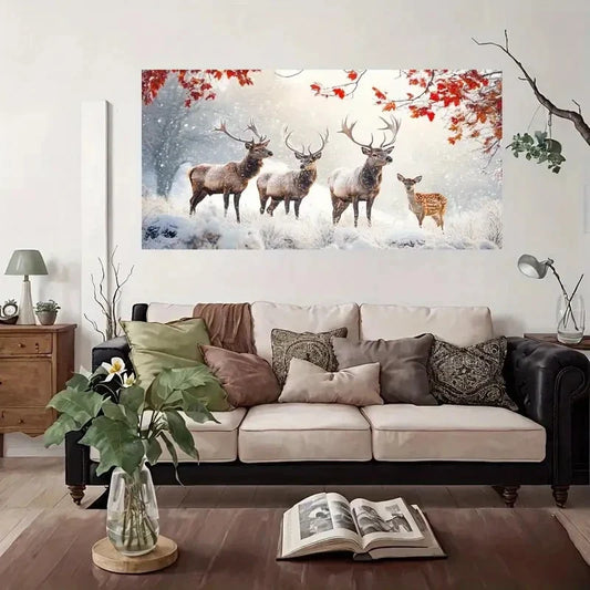 Winter Deer Snow Nature Wall Art Canvas Office Home Room Framed 80x45cm