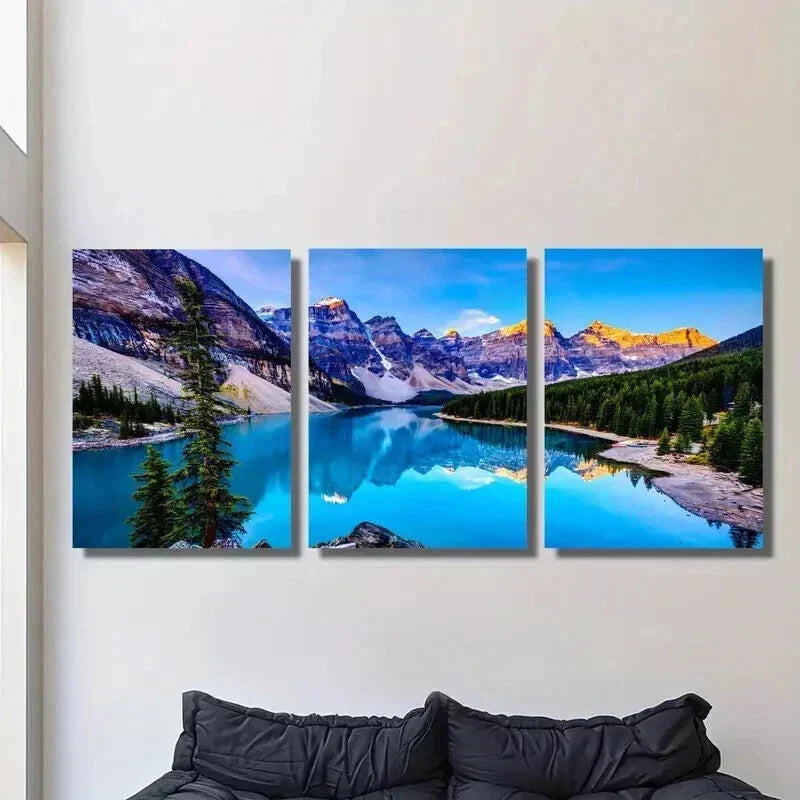 3pcs Mountains Blue Lake and Green Forest Wall Art Set Canvas Framed 40x60cm - High Quality Print 100% Australian Made Wall Canvas Ready to Hang