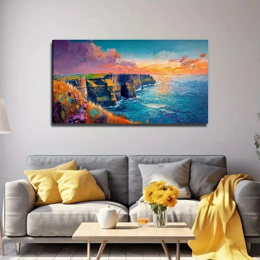 Vibrant Cliffs By The Sea Lands Wall Art Canvas Office Home Room Framed 120x60cm