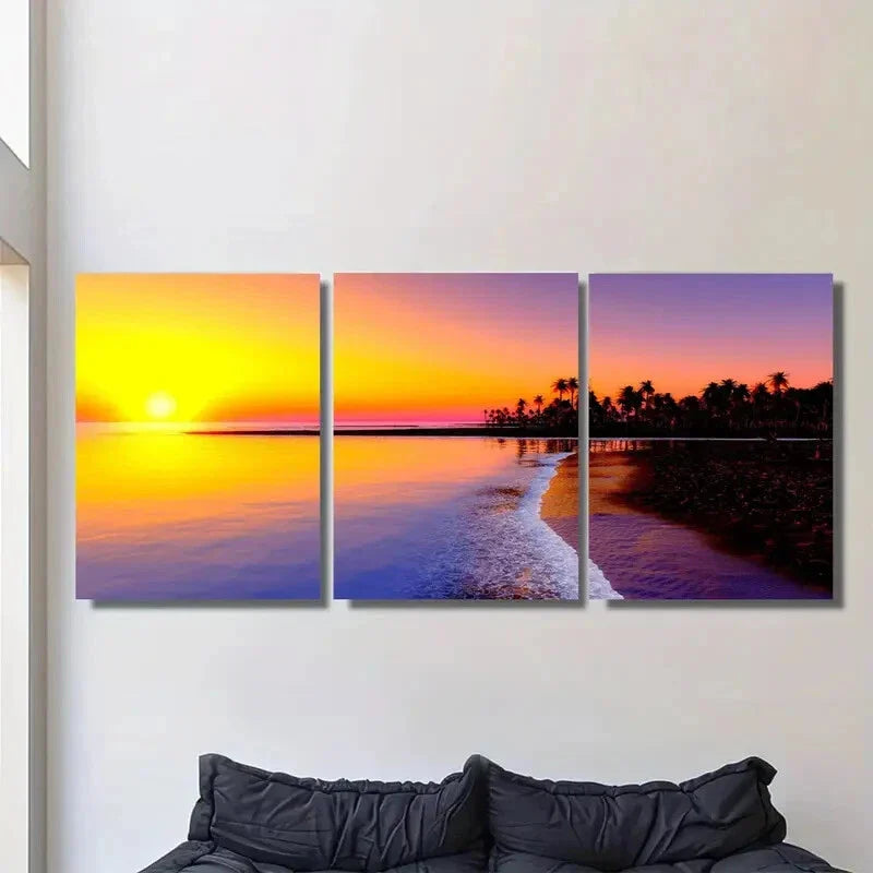 3pcs Beautiful Sunset Beach Triptych Vibrant Metal Print Ready to Hang Art