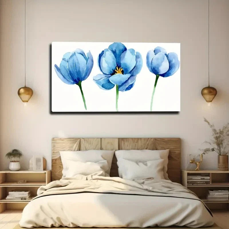 Three Blue Poppies Wall Art Canvas Office Home Room Framed 120x60cm