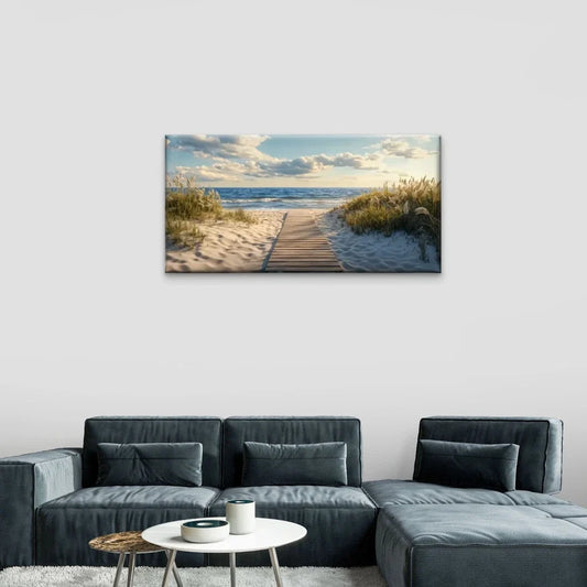 Boardwalk Beach Cloud Sky Wall Art Canvas Office Home Room Framed 80x45cm