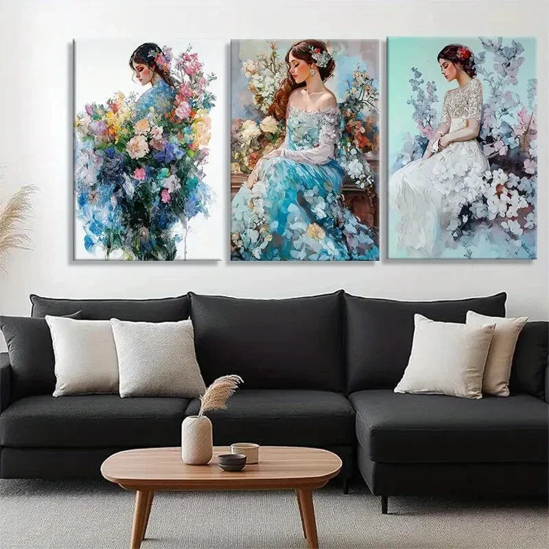 3pcs Elegant Women in Floral Gowns Perfect Wall Art Set Canvas Framed 40x60cm - High Quality Print 100% Australian Made Wall Canvas Ready to Hang