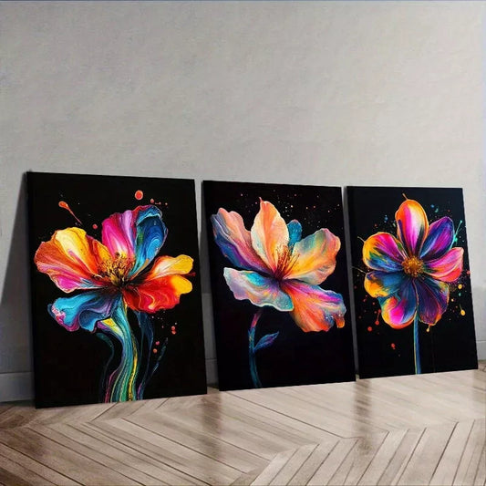 3pcs  A Colorful Flower Black Background Wall Art Set Canvas Framed 40x60cm - High Quality Print 100% Australian Made Wall Canvas Ready to Hang