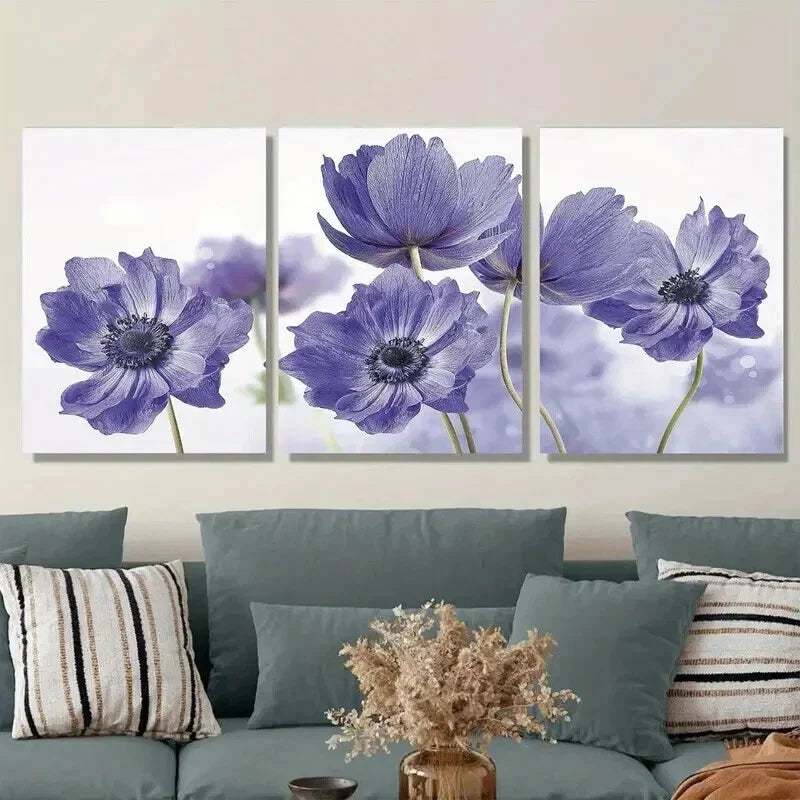 3pcs Purple Flower Classic Floral Painting Wall Art Set Canvas Framed 40x60cm - High Quality Print 100% Australian Made Wall Canvas Ready to Hang