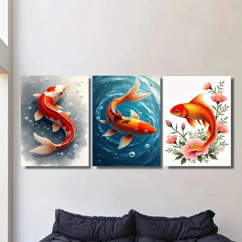 3pcs Vibrant Orange & White Koi with Lotus Flower Metal Print Ready to Hang Art