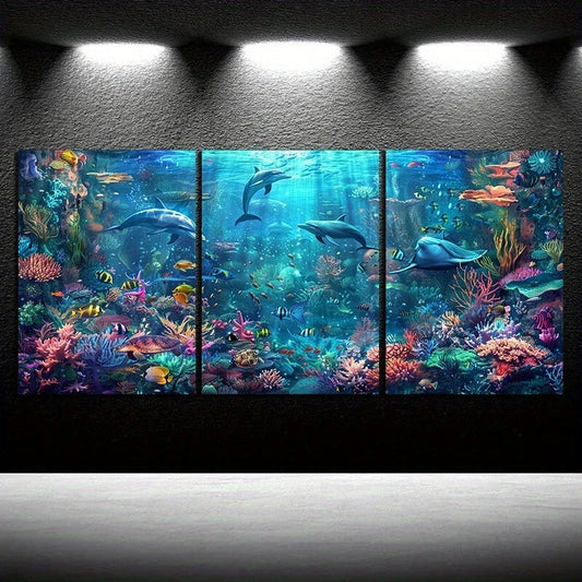3pcs Beach Under Water Dolphins Colourful Florals Metal Print Ready to Hang Art