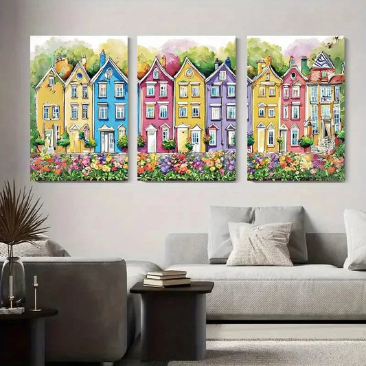 3pcs Colorful House and Flower Vibrant Street Metal Print Ready to Hang Art