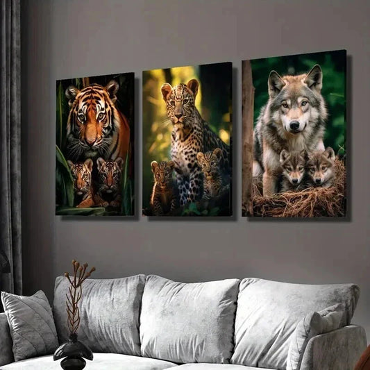 3pcs Vibrant Tiger Leopard & Wolf Family Wall Art Set Canvas Framed 40x60cm - High Quality Print 100% Australian Made Wall Canvas Ready to Hang